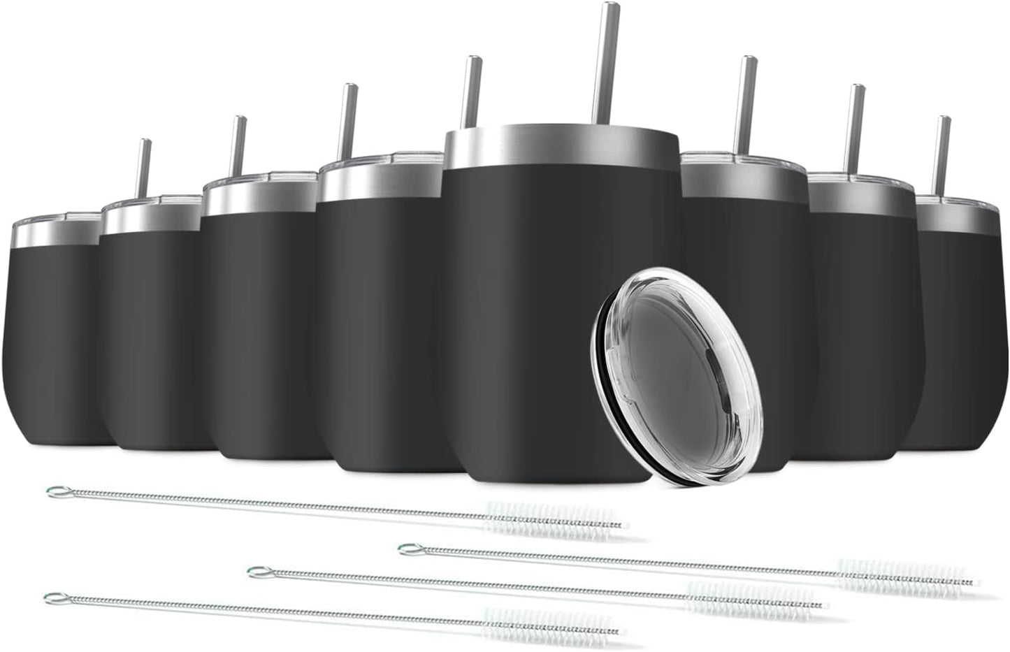 8 Pack 12 oz Stainless Steel Wine Tumbler with Lids, Double Wall Vacuum Insulated Travel Cup Including 8 Straws Set for Coffee, Cocktail, Drink, Tea and Beer (Black)