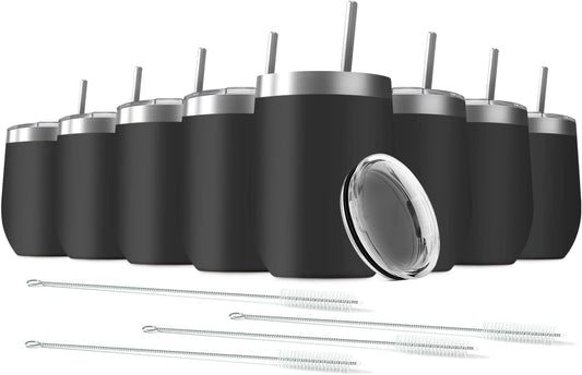 8 Pack 12 oz Stainless Steel Wine Tumbler with Lids, Double Wall Vacuum Insulated Travel Cup Including 8 Straws Set for Coffee, Cocktail, Drink, Tea and Beer (Black)