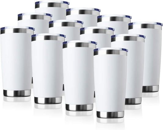20oz Tumbler Bulk Stainless Steel Vacuum Insulated Tumblers with Lid Double Wall Travel Mug, Durable Powder Coated Coffee Cup, Suitable for Ice Drinks and Hot Beverage (White 12pack)