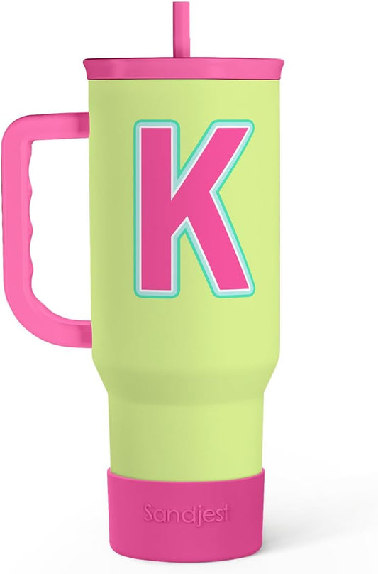 SANDJEST Monogrammed Tumbler with Handle 40oz, Letter K Tumblers Coffee Travel Cup with Straw, Personalized Monogram Initial Gifts for Women Girls, Customized Gifts for Christmas Birthday Mothers Day