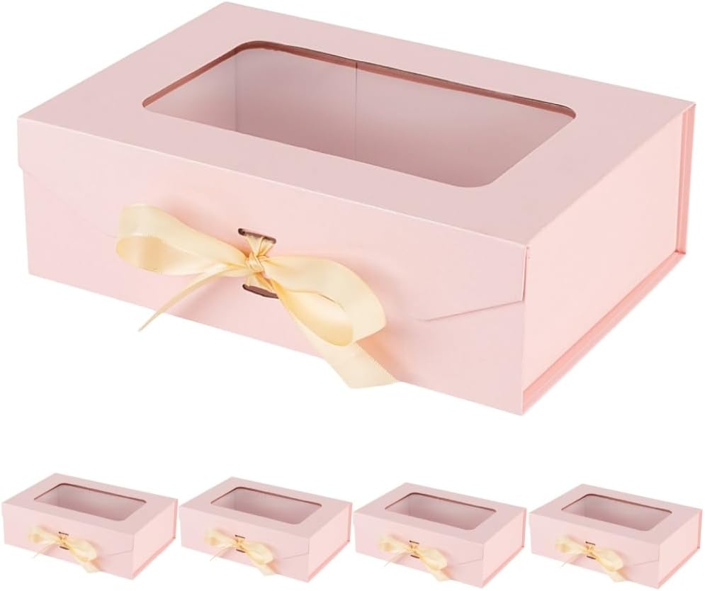 5 Pcs Pink Gift Box for Presents with Ribbon 10.8x7.5x3.5 Inches Clear Gift Box with Window Magnetic Closure Gift Boxes with Lids