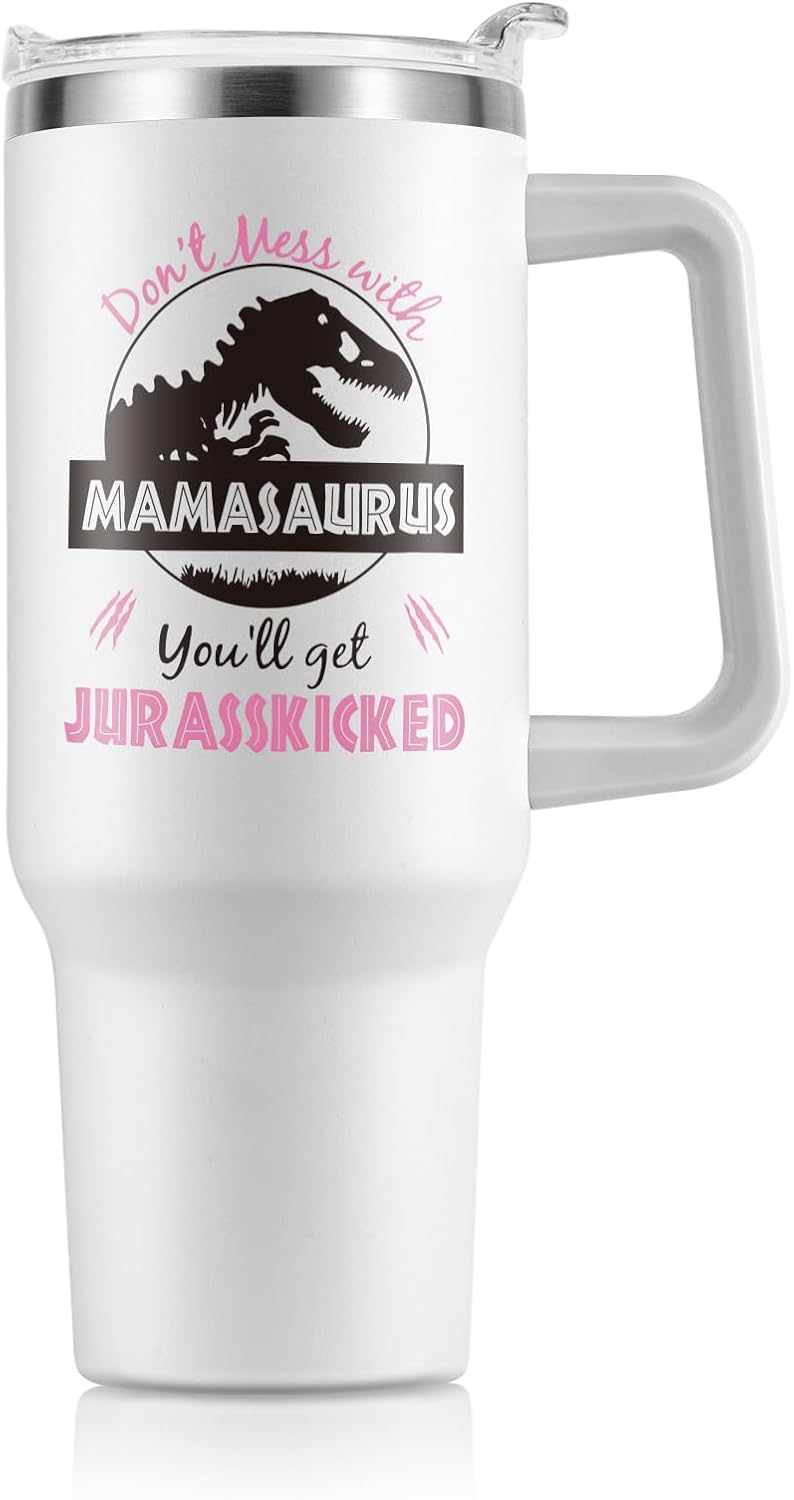 NOWWISH Gifts for Mom, Mamasaurus Mom Coffee Tumbler, Birthday Gifts for Mom Women Mother-in-Law Wife New Mom, Mothers Day Gift from Daughter - White 40 Oz