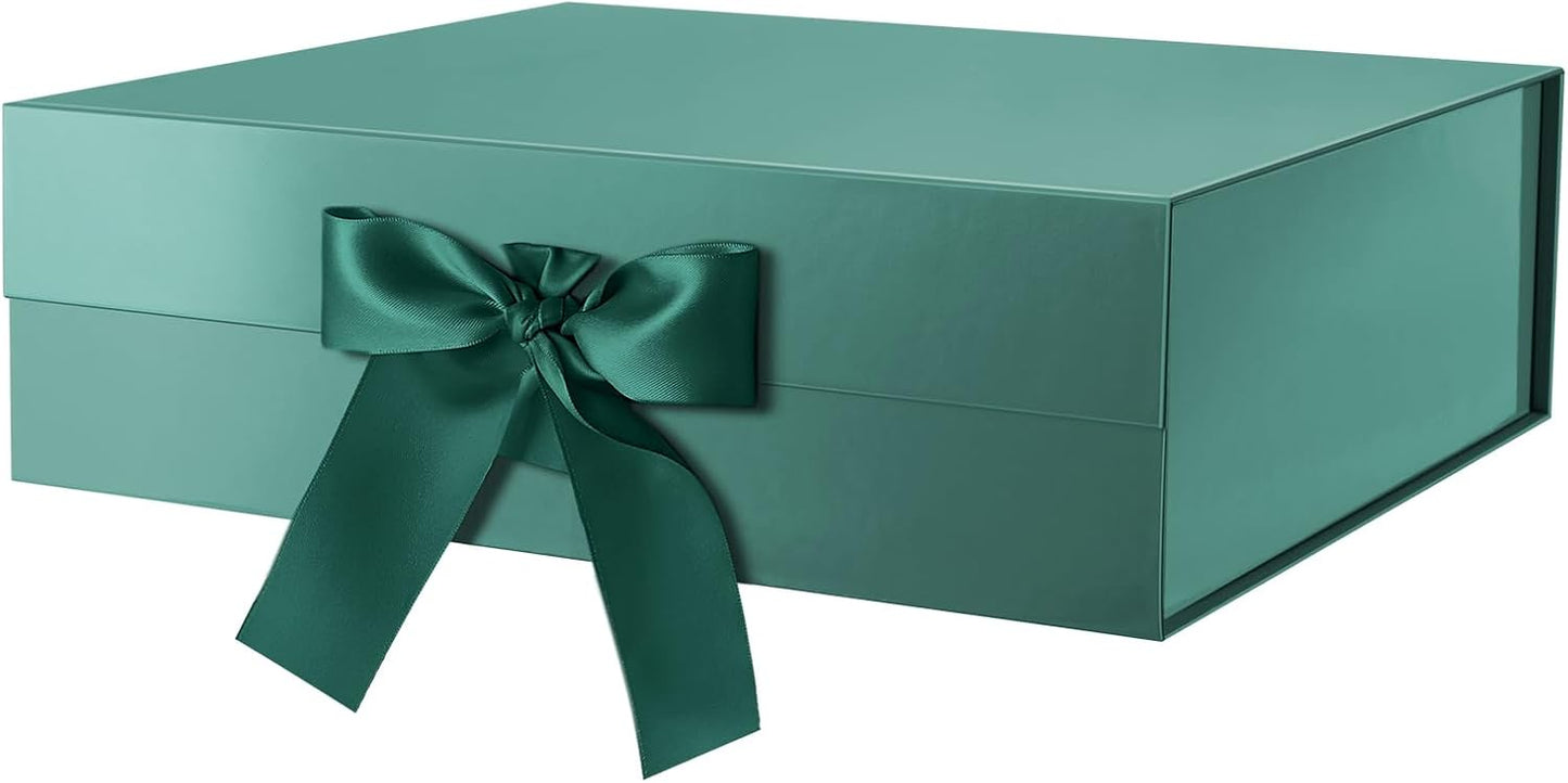 GREEN BEAN Extra Large Gift Box with Lid for Present 16.3x14.2x5 Inches, Green Magnetic Gift Box with Ribbon, Bridesmaid Proposal Box Luxury (Glossy Green)