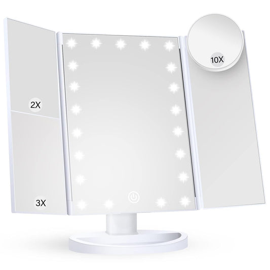 HUONUL Makeup Mirror Vanity Mirror with Lights, 2X, 3X, 10X Magnification, Touch Control, Trifold, White, 9.4" L x 13.4" W, Modern Style, Dresser Mount, Bathroom