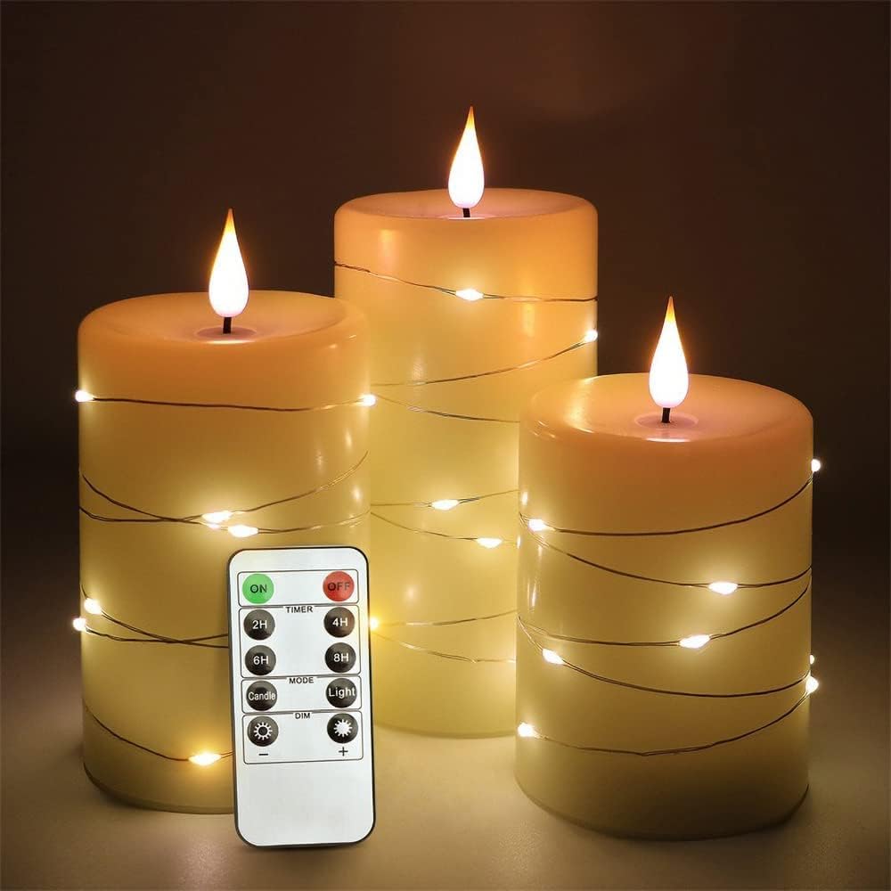 Niceme 3PCS Flickering Flameless Candles with Embedded String Lights, Battery Operated Electric Pillar Candle 3D Teardrop Black Wick Ivory Real Wax Fake Candle with 10-Key Remote Timer Fairy Starlight