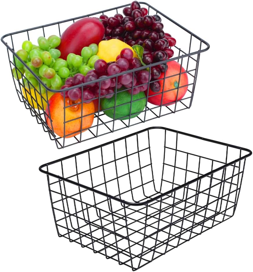 LeleCAT Wire Baskets with Handles Wire Storage Organizer Bin Baskets, Pantry, Closets, Bedrooms - Set of 2(Black)