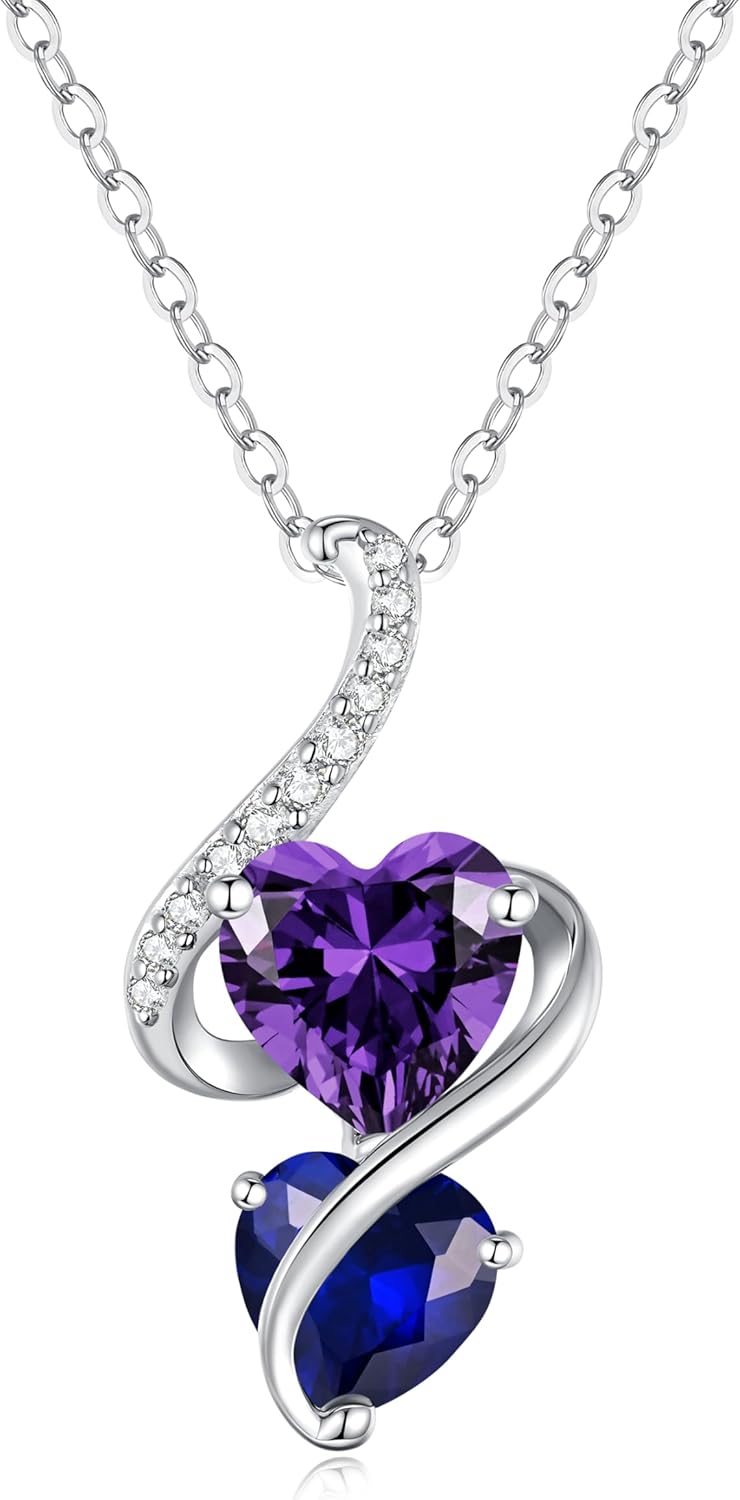 LOUISA SECRET Unique Double Heart Necklace Gifts for Wife Women, 925 Sterling Silver Tiny Birthstone Pendant Jewelry Gift for Her Girlfriend Mom Valentine's Day Anniversary Mother's Day Birthdays & Christmas