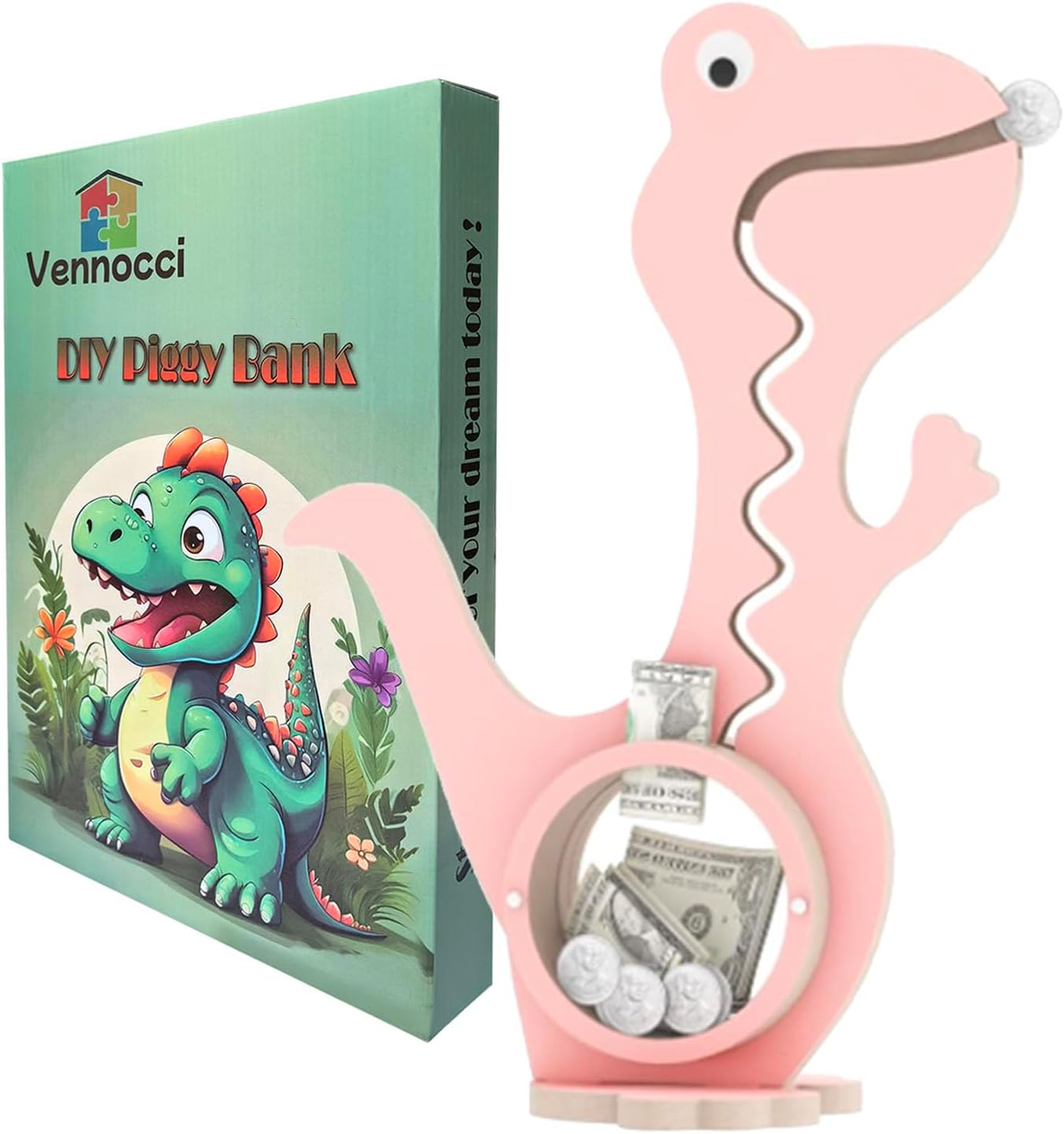 Dinosaur Piggy Bank for Kids Boys Girls, Pink Wooden Coin Bank with Large Clear Acrylic Belly, Cute Money Savings Box Toy Gift for Toddlers Birthday Christmas by Vennocci