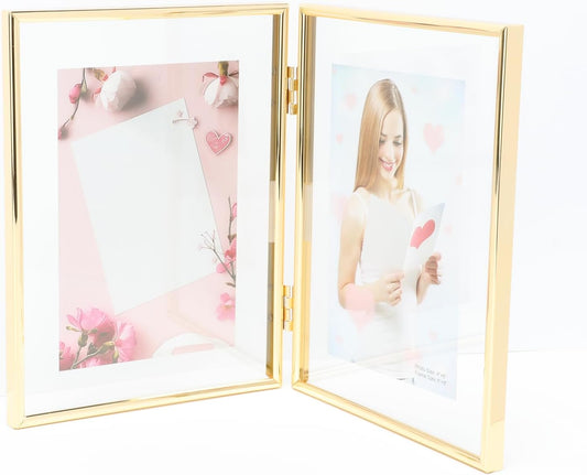 6"×8" Folding Double Frame, Gold Floating Picture Frame with Hinge, For 6"×8" 5"×7" 4"×6", Vertical, Tabletop Use, Classy For Anniversary, Wedding, Birthday