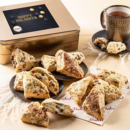 Dulcet Gift Baskets Artisan Scone Happy Holidays Gift Tin, Gourmet Pastries Gifting for Men, Women, Friends and Families