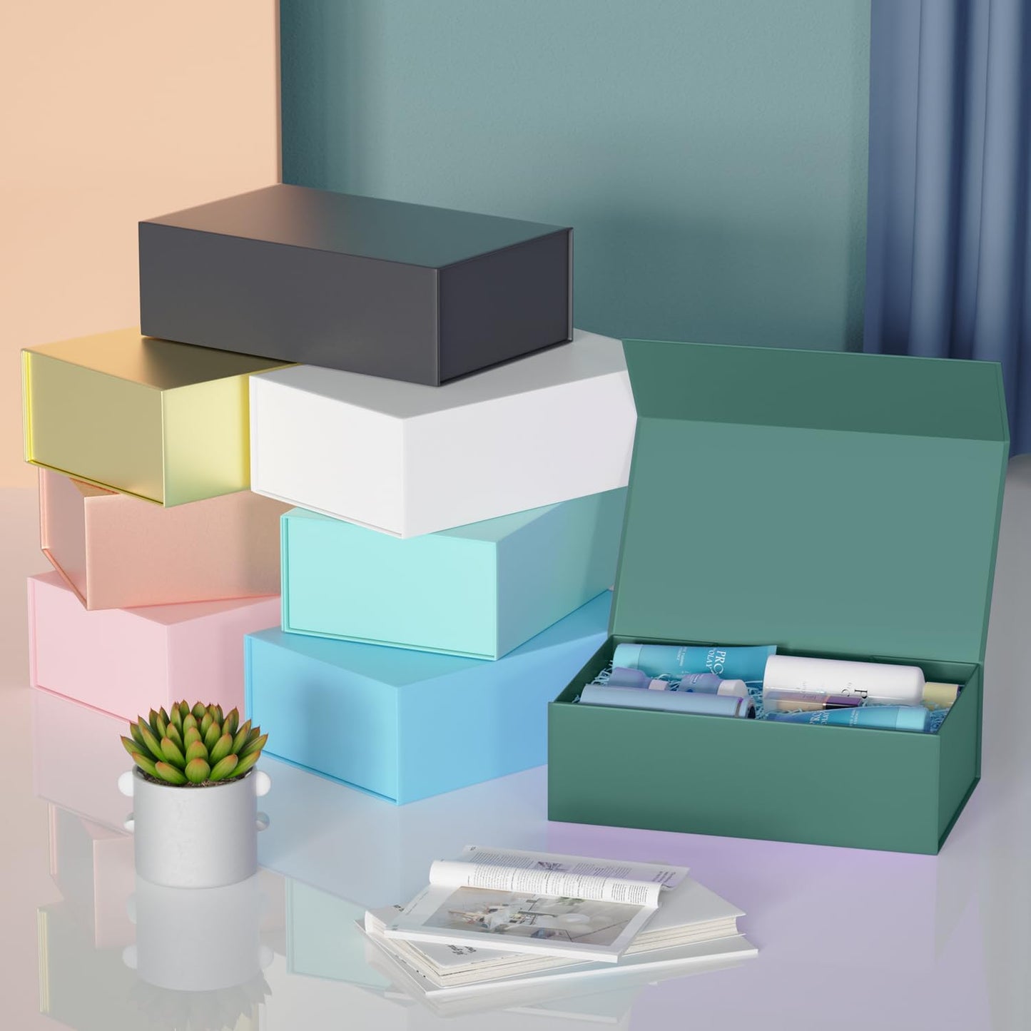 5 Pack Green Gift Box, 12x6x4'' Gift box for Presents with Lids Magnetic Closure Rectangle Collapsible for Bridesmaid Proposal Box, Wedding, Christmas, Halloween, Birthday Gift Packging