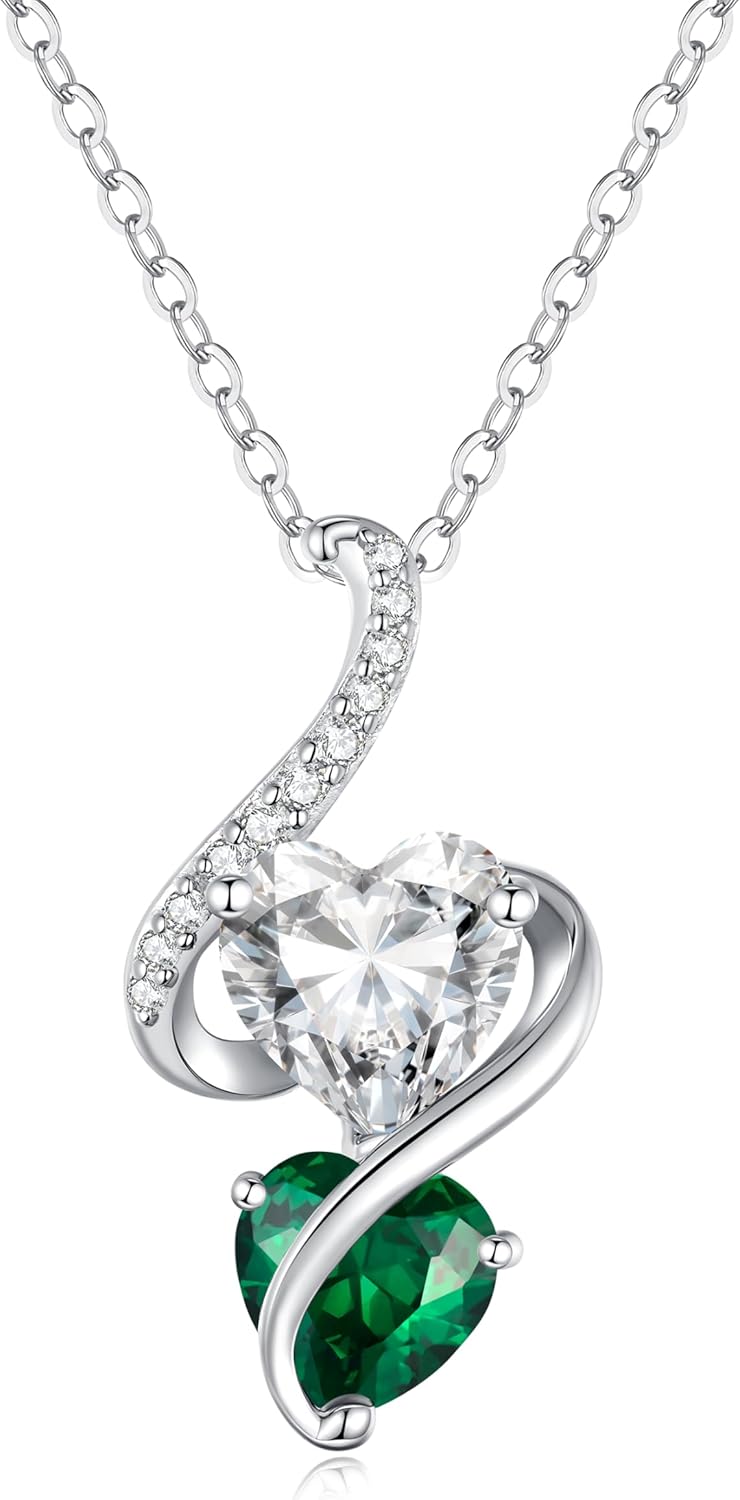 LOUISA SECRET Unique Double Heart Necklace Gifts for Wife Women, 925 Sterling Silver Tiny Birthstone Pendant Jewelry Gift for Her Girlfriend Mom Valentine's Day Anniversary Mother's Day Birthdays & Christmas