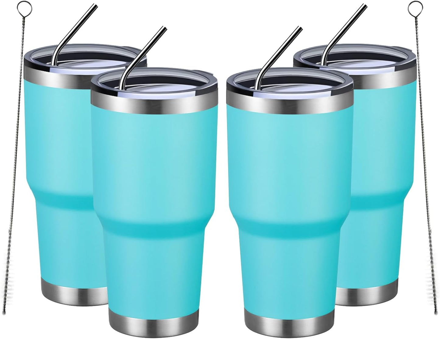 MEWAY 30oz Insulated Tumbler With Lids and Straws,Stainless Steel Double Vacuum Coffee Tumbler Cup, Brush, Durable Powder Coated Coffee Cup for Cold & Hot Drinks, Office, Travel(Light Blue,4 PACK)