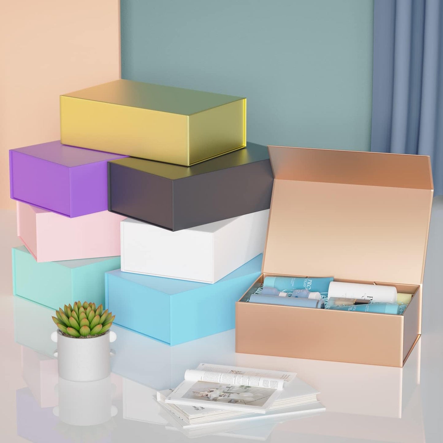 5 Pack Rose Gold Gift Box, 9.5x6x3'' Gift boxes for Presents with Lids Magnetic Closure Rectangle Collapsible for Bridesmaid proposal box, Wedding, Christmas, Halloween, Birthday Gift Packging