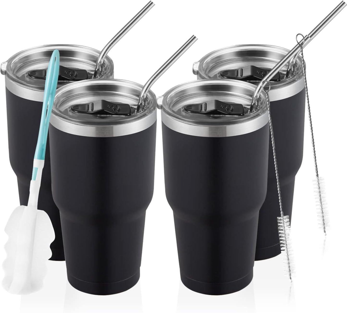 COMOOO 30oz Matte Black Tumbler Bulk Stainless Steel Insulated Tumbler with Lid Double Wall Vacuum Coffee Cup Large Travel Mug for Hot and Cold Drinks, Home, Office, School,Party (Black, 4 Pack)