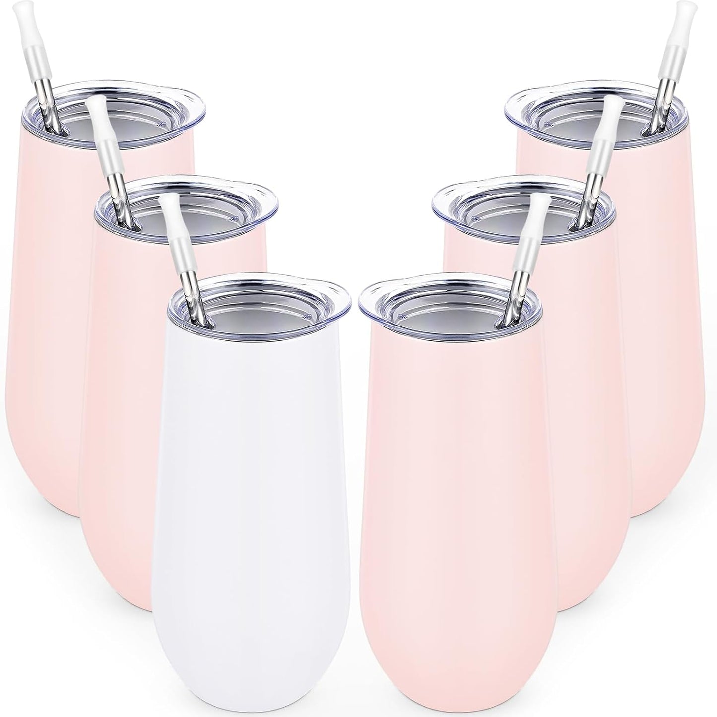 Lifecapido 6 Pack Insulated Stainless Steel Tumblers, 12oz Stemless Flutes, Insulated Champagne Glass for Wedding Party Bride Shower Gifts, 5 Pink 1 White