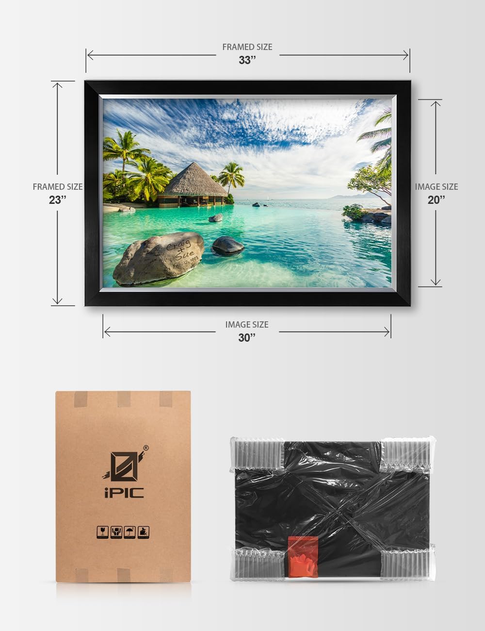 IPIC - "Tropical Memories Personalized Framed Wall Art, Custom Beach Canvas Print with Name and Date on Rock, A Personalized Gift for Couple, Wedding, or Anniversary, Coastal Home Decor