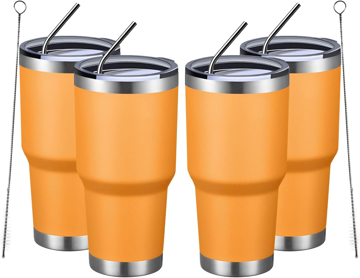 MEWAY 30oz Insulated Tumbler With Lids and Straws,Stainless Steel Double Vacuum Coffee Tumbler Cup, Brush, Durable Powder Coated Coffee Cup for Cold & Hot Drinks, Office, Travel(Orange,4 PACK)