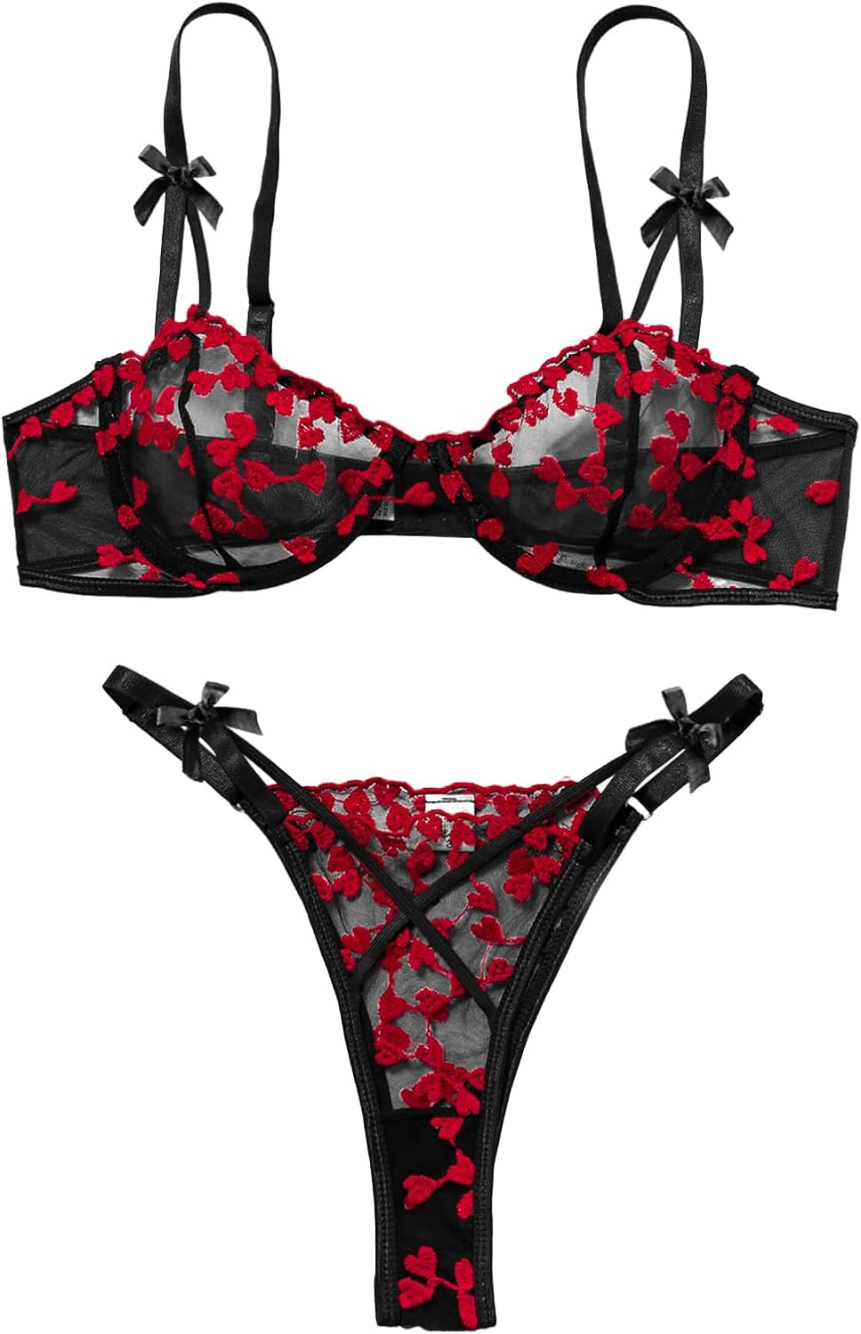 Lilosy Sexy Underwire Cute Push Up Strappy Embroidered Mesh Sheer Lingerie Set See Through Panty Bra