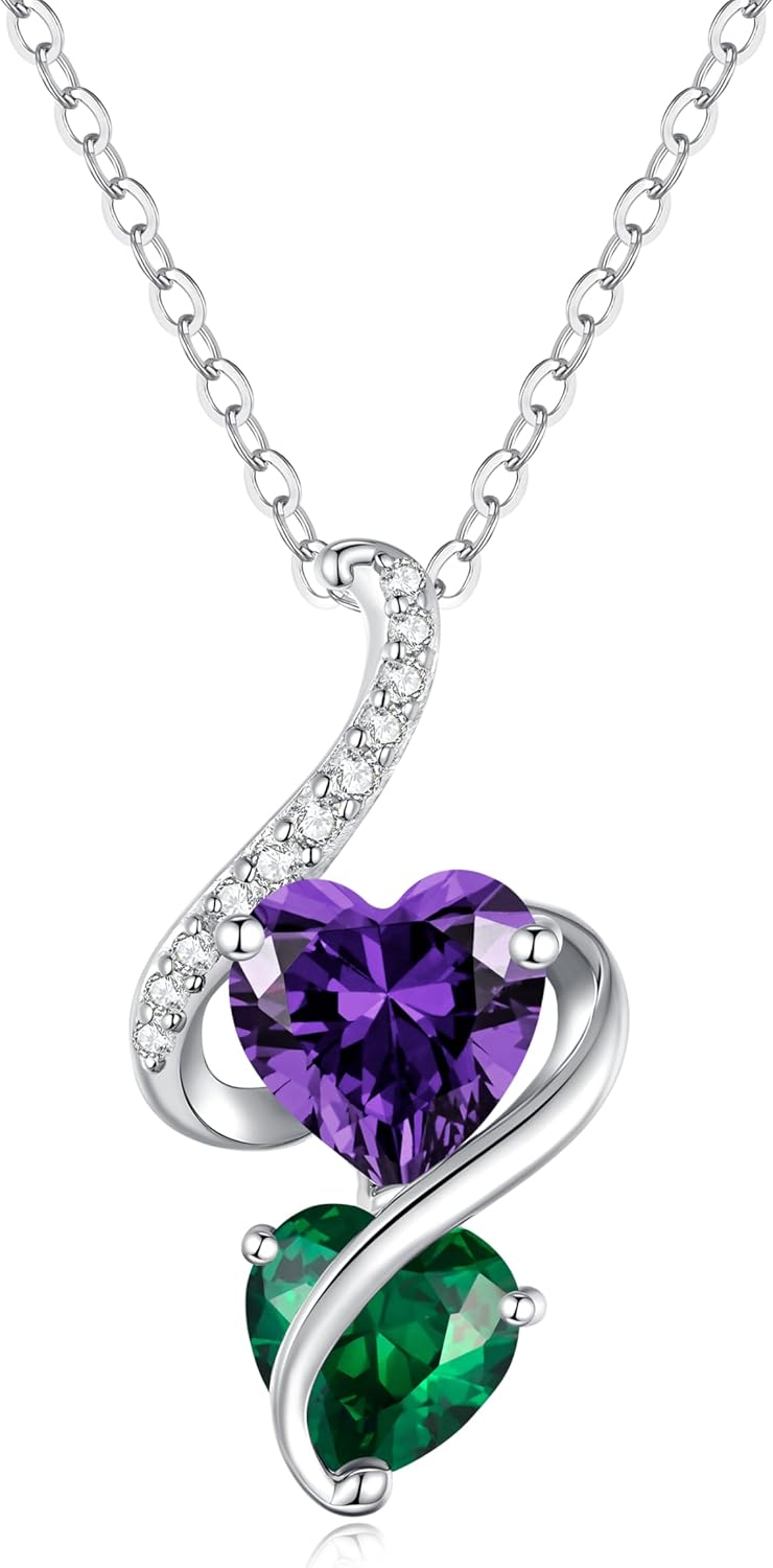 LOUISA SECRET Unique Double Heart Necklace Gifts for Wife Women, 925 Sterling Silver Tiny Birthstone Pendant Jewelry Gift for Her Girlfriend Mom Valentine's Day Anniversary Mother's Day Birthdays & Christmas