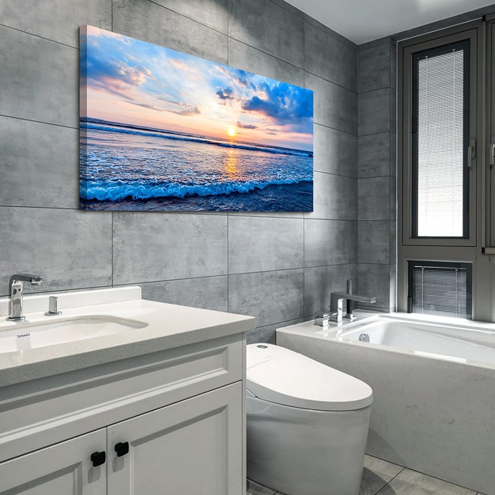 Wapluam Large Canvas Wall Art For Living Room Office Wall Decor Beach Pictures Blue Ocean Sea Waves Landscape Wall Painting Ready To Hang Bedroom Home Decor Canvas Prints Posters Wall Mural Artwork