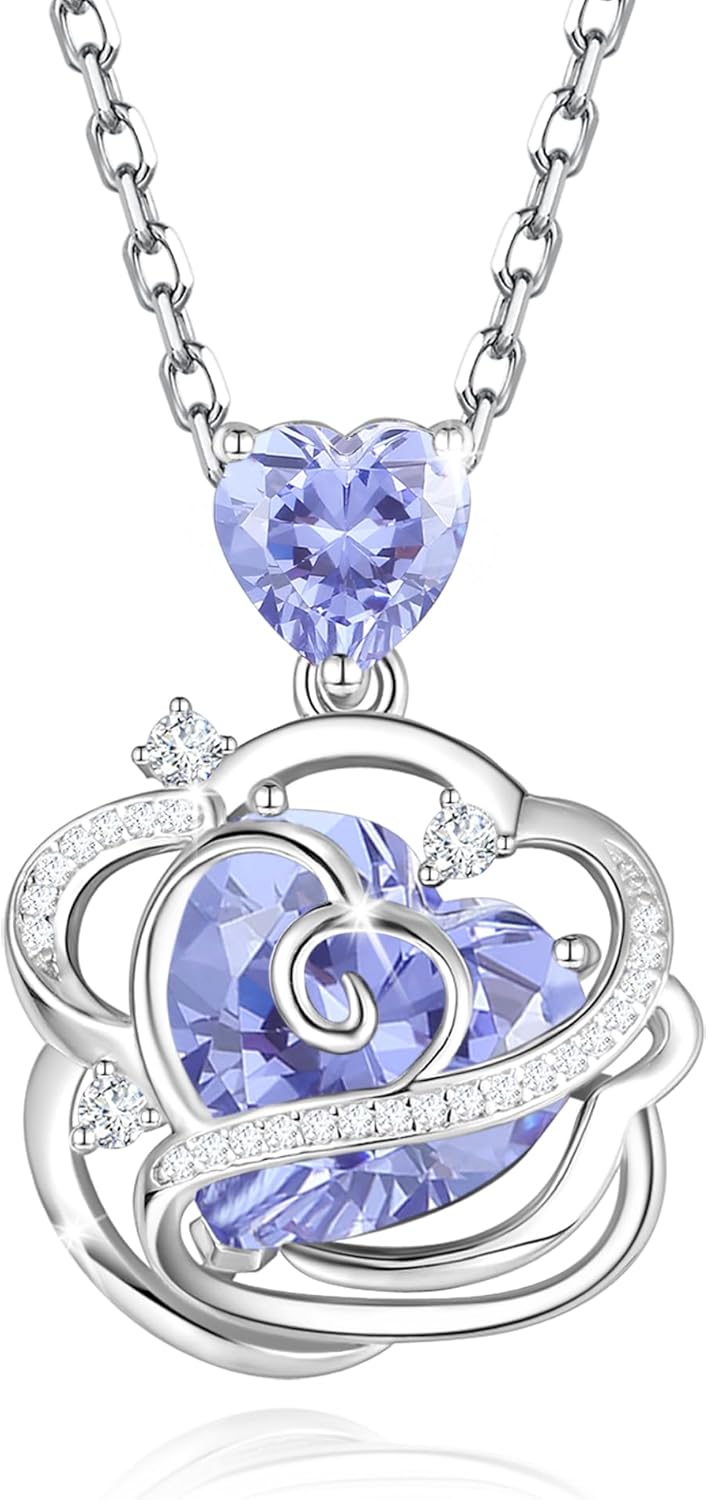 FANCIME Thornless Pulse Birthstone Necklace for Women Sterling Silver Rose Pendant Fine Jewelry Gemstone Birthday Christmas Gifts for Wife Her