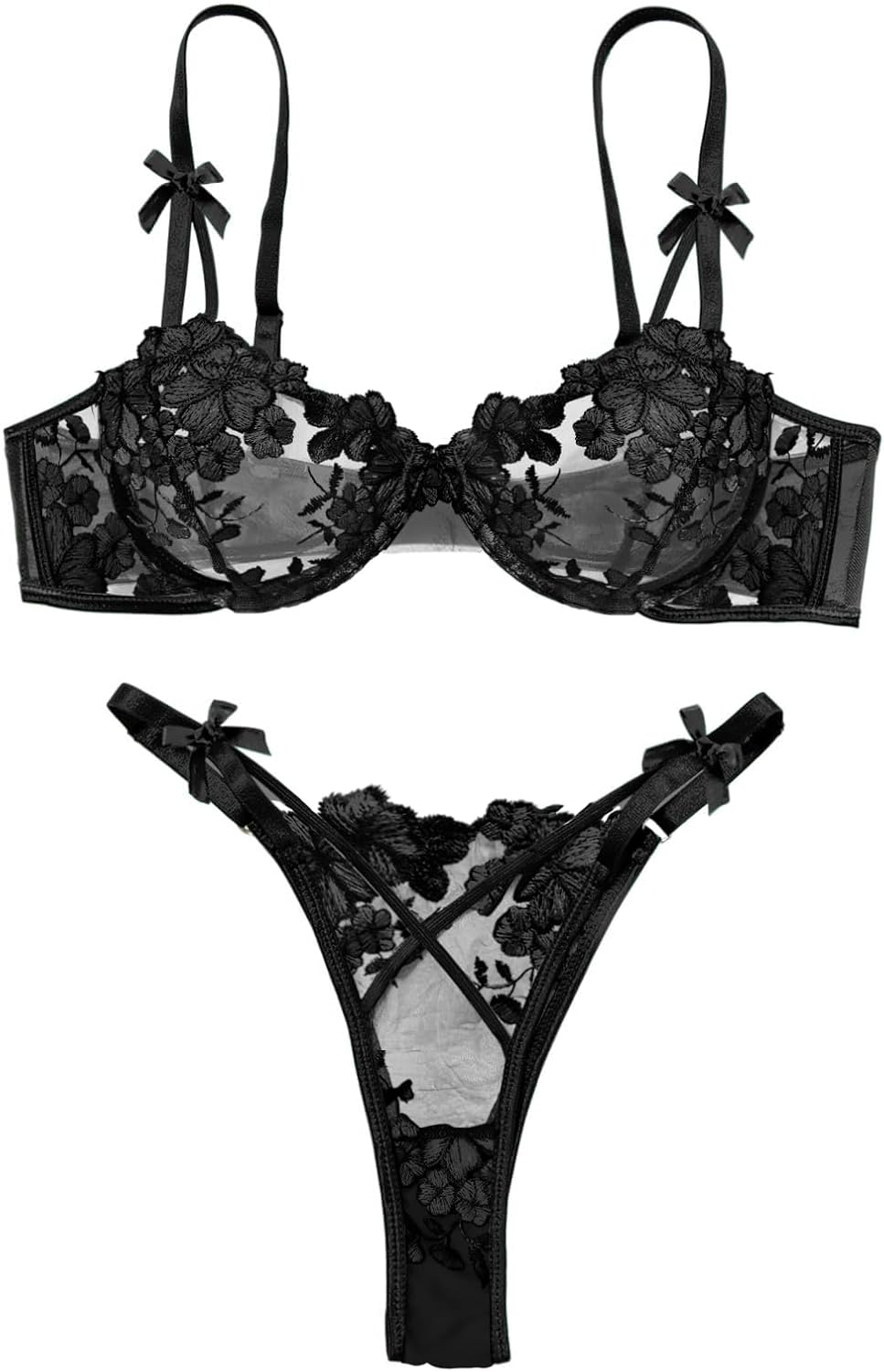 Lilosy Sexy Underwire Cute Push Up Strappy Embroidered Mesh Sheer Lingerie Set See Through Panty Bra