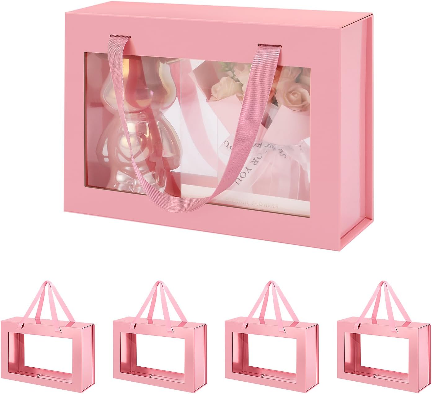 5 Pink Gift Boxes with Windows, Gift Boxes with Lids and Handles, Clear Magnetic Gift Boxes for Presents, Bridesmaid Proposal Boxes (10.5x7.5x3 Inches