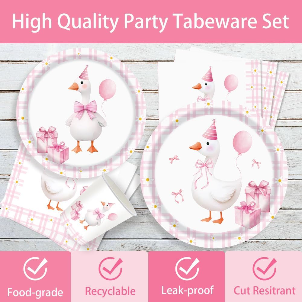 140pcs Pink Pet Duck Birthday Decorations Supplies, Disposable Paper Dinnerware Set Paper Plates Napkins Cups Set for 20 Guests Duck