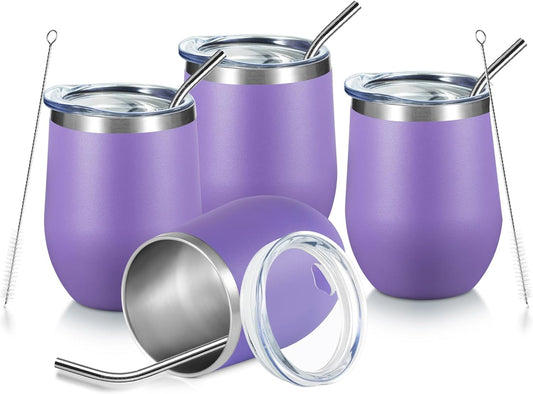 COMOOO Stainless Steel Wine Tumbler 4 Pack with Lid and Straw 12oz Double Wall Vacuum Insulated Travel Tumbler Cup Stemless for Hot and Cold Drinks, Coffee, Wine, Cocktails, Purple