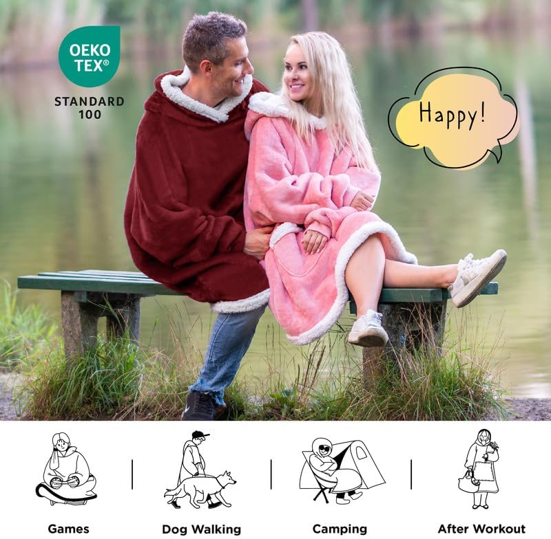 Bedsure Blanket Hoodie, Wearable Blanket for Adults & Kids as Gifts for Women Men, Birthday Gifts for Women Mom Girl Sherpa Oversized Hoodie, Burgundy, Oversize