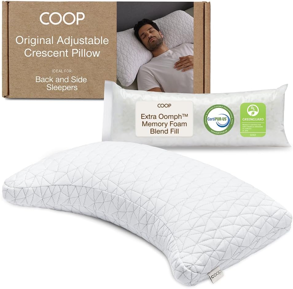Coop Home Goods Original Crescent Adjustable Pillow, King Bed Pillows for Shoulder, Neck & Head Support, Crescent Foam Pillows - Medium Firm for Back & Side Sleeper, CertiPUR-US/GREENGUARD Gold
