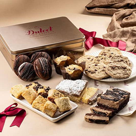 Dulcet Gift Baskets Baked Goods Gift Boxes – Luxurious Dessert Gift Basket Tin – Gourmet Desserts Fresh Bakery with Whoopie Pies, Muffins, Cookies, Crumb Cake – Delicious Pastry Gift Set – 3.5lbs