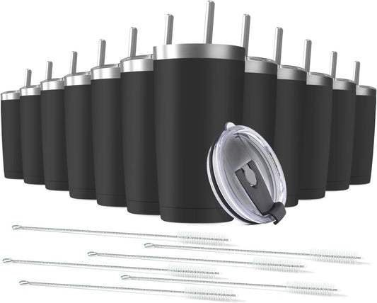12 pack 20 oz Stainless Steel Insulated Tumbler with Straw and Lid, Double Wall Travel Coffee Mug Vacuum Insulated Bulk Tumbler, Suitable for Vehicle Cup Holders (Black)