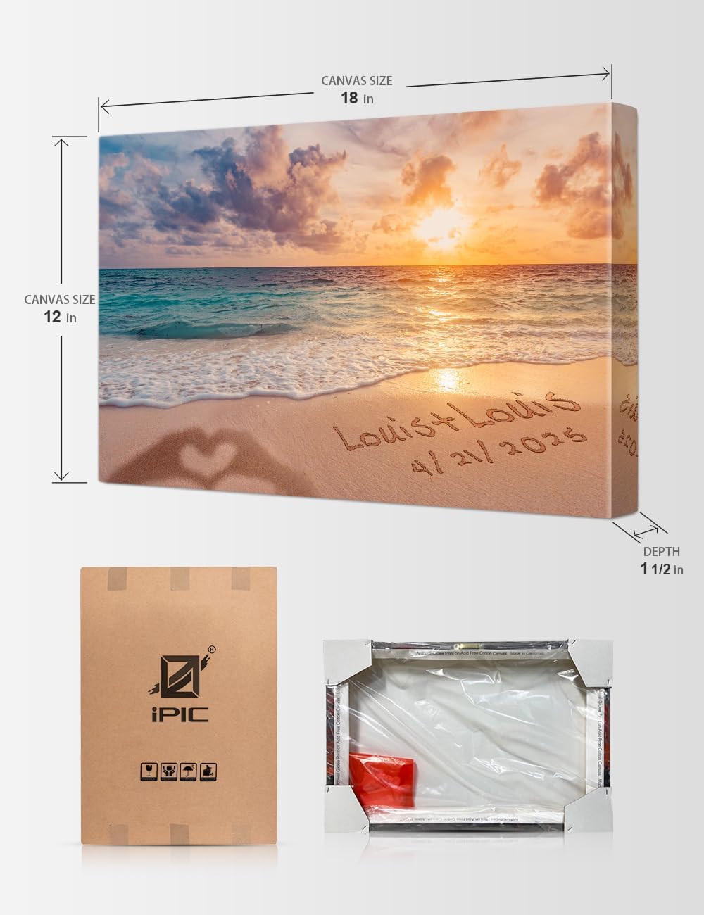 IPIC - "Forever Together Personalized Canvas Wall Art, Custom Beach Scene with Name and Date in Sand, A Personalized Gift for Couple, Wedding, or Anniversary, Coastal Home Decor, Ready to Hang