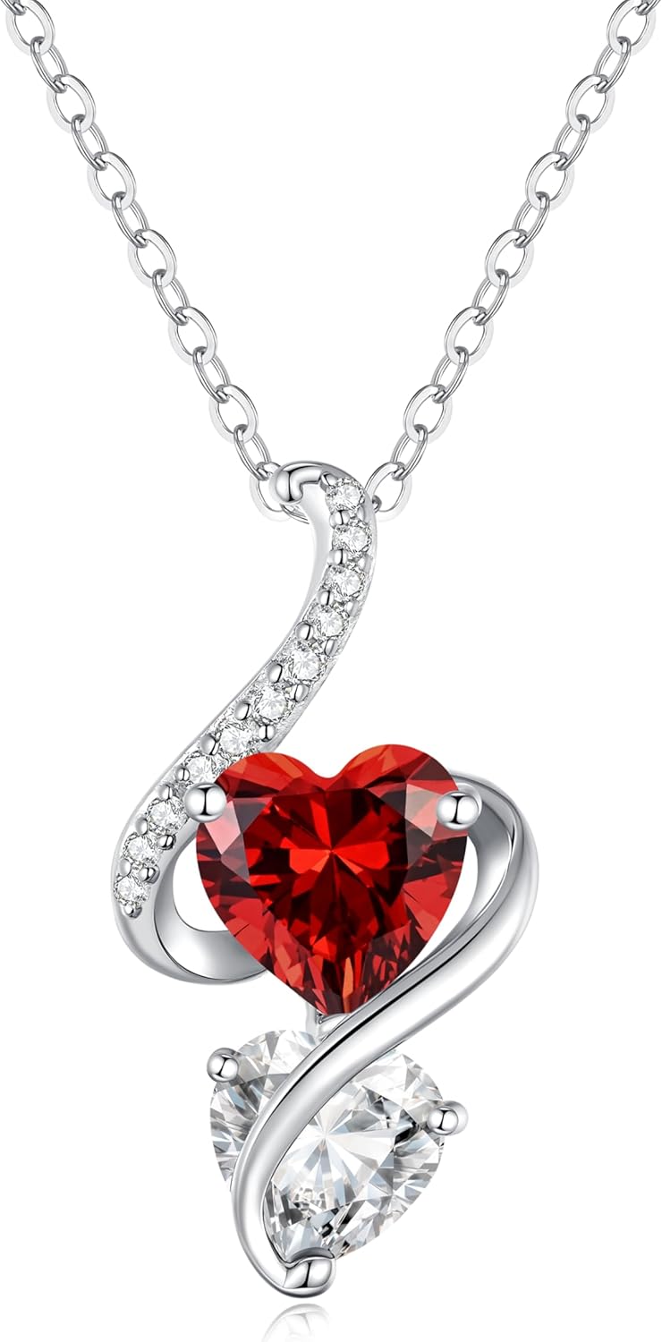 LOUISA SECRET Unique Double Heart Necklace Gifts for Wife Women, 925 Sterling Silver Tiny Birthstone Pendant Jewelry Gift for Her Girlfriend Mom Valentine's Day Anniversary Mother's Day Birthdays & Christmas