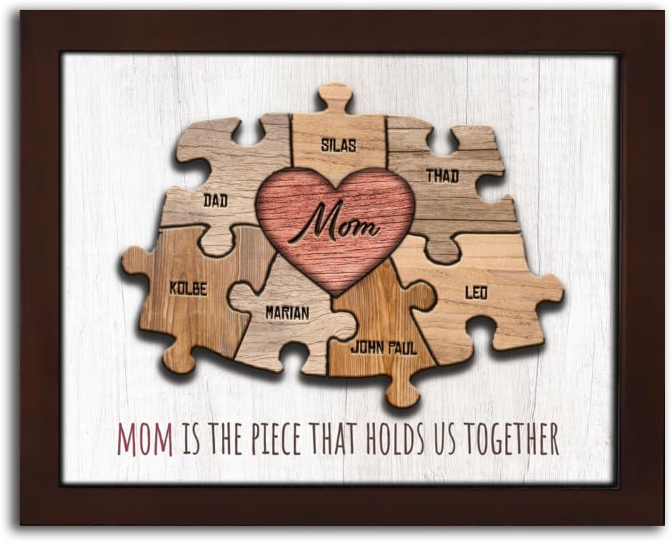 Personal-Prints MOM & Children Personalized HEART Puzzle Wall Art | Unique Customized with up to 8 Names | Mother’s Day, Birthday or Christmas Gift (13"x16" Framed Paper Print, 7 Children)