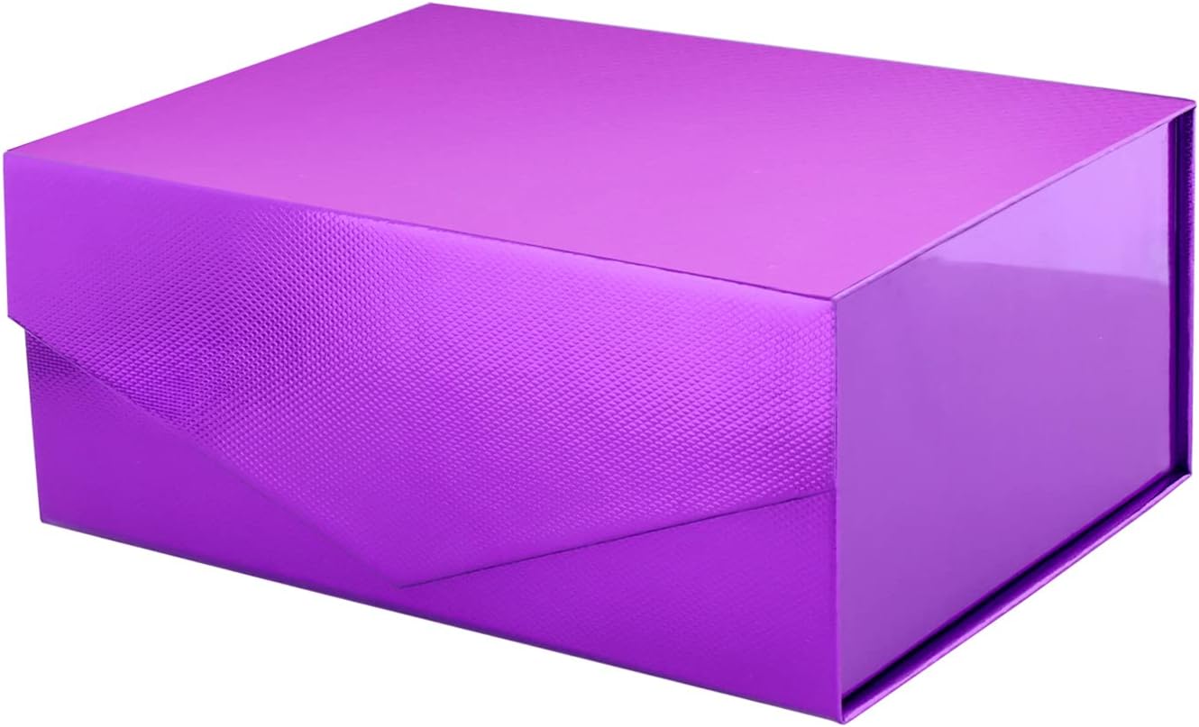 PACKHOME Gift Box 9x6.5x3.8 Inches, Rectangle Collapsible Box with Magnetic Lid for Gift Packaging (Glossy Purple, Grain Texture)