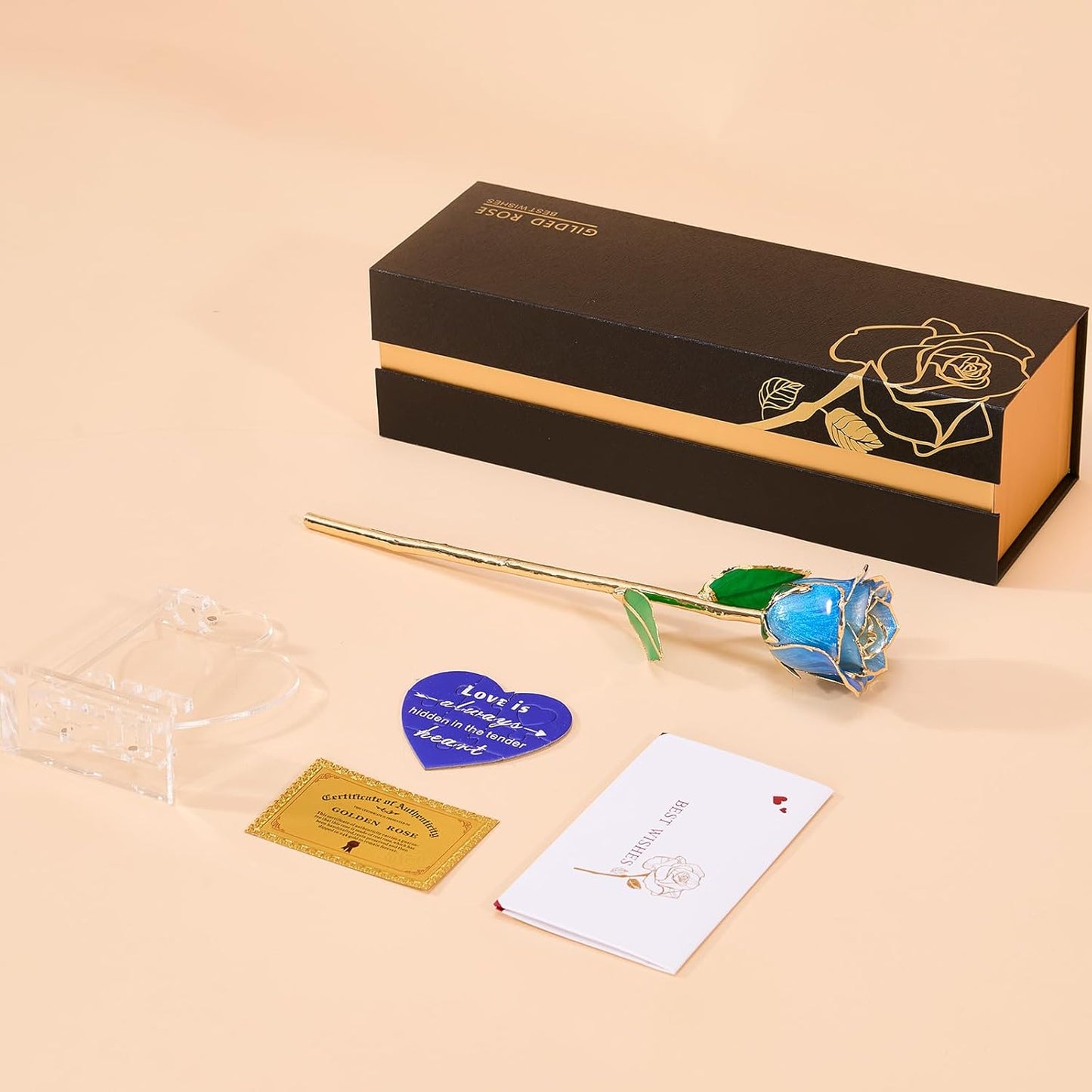 Mikasol Real 24K Gold Dipped Realistic Rose – Timeless Lifelike Bloom with Heart Puzzle Base – Romantic Gradient Blue Flower Gift for Her, Wife, Girlfriend, Mom – Birthday, Anniversary, Mother’s Day