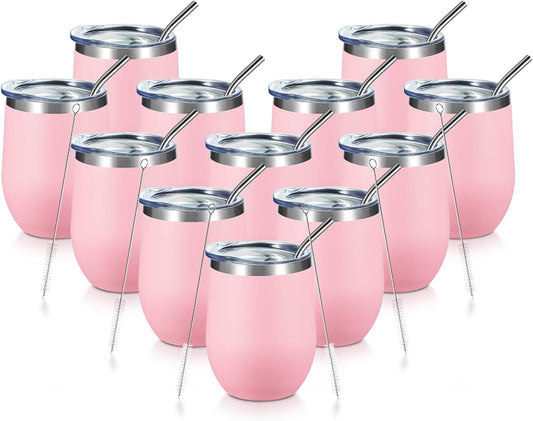 COMOOO Stainless Steel Wine Tumbler Glass Bulk with Lid and Straw 12oz Double Wall Vacuum Insulated Travel Tumbler Cup for Coffee Wine Cocktails Ice Cream Cup, Light Pink, 12 pack