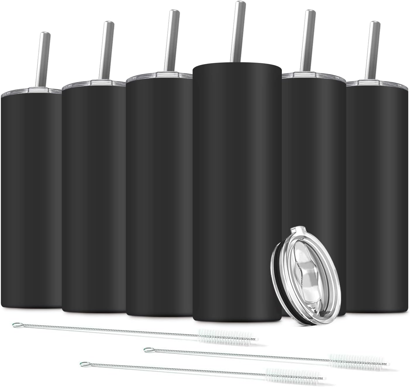 6 Pack Stainless Steel Skinny Tumbler, 20 OZ Double-Insulated Water Tumbler Cup with 6 Straw and 3 Brush, Vacuum Travel Mug Gift for Hot Cold Drinks with Cleaning(Black)