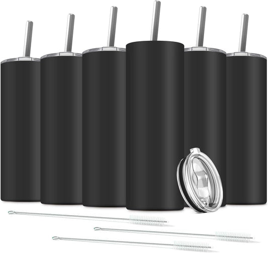 6 Pack Stainless Steel Skinny Tumbler, 20 OZ Double-Insulated Water Tumbler Cup with 6 Straw and 3 Brush, Vacuum Travel Mug Gift for Hot Cold Drinks with Cleaning(Black)
