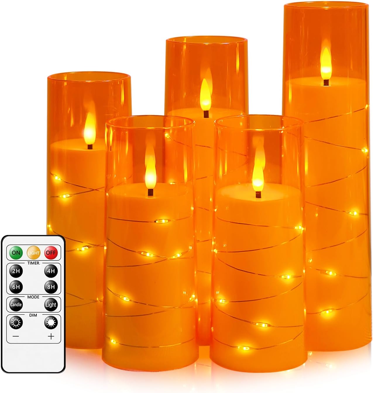 Flameless LED Candles with Timer 5 Pc Flickering Flameless Candles for Romantic Ambiance and Home Decoration Stable Acrylic Shell,with Embedded Star String,Battery Operated Candles(Orange)