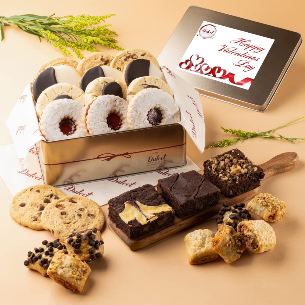 Dulcet Gift Baskets Valentine’s Day Assortment Tin Box- Delicious Gourmet Confection Gift Set - Variety Of Freshly Baked Cookies, Brownies & Rugelah In Many Flavors- Handmade Baked Goods Gift Box