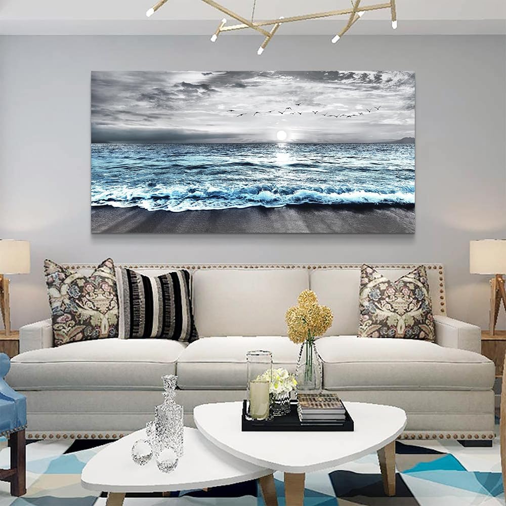 Wapluam Large Wall Decor For Living Room Canvas Wall Art For Bedroom Office Wall Decorations Black And White Painting Blue Sea Wave Pictures Artwork For Modern Stretched and Framed Beach Posters