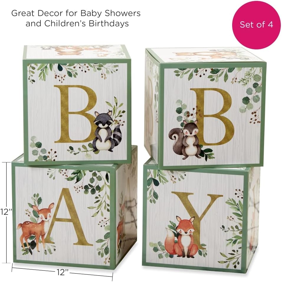Kate Aspen Woodland Baby Boxes With Letters For Baby Shower Decorations, Gender Reveal Decoration, Photo Prop & Forest Animal Nursery Decor (Set of 4 Stackable Blocks Spells B-A-B-Y)