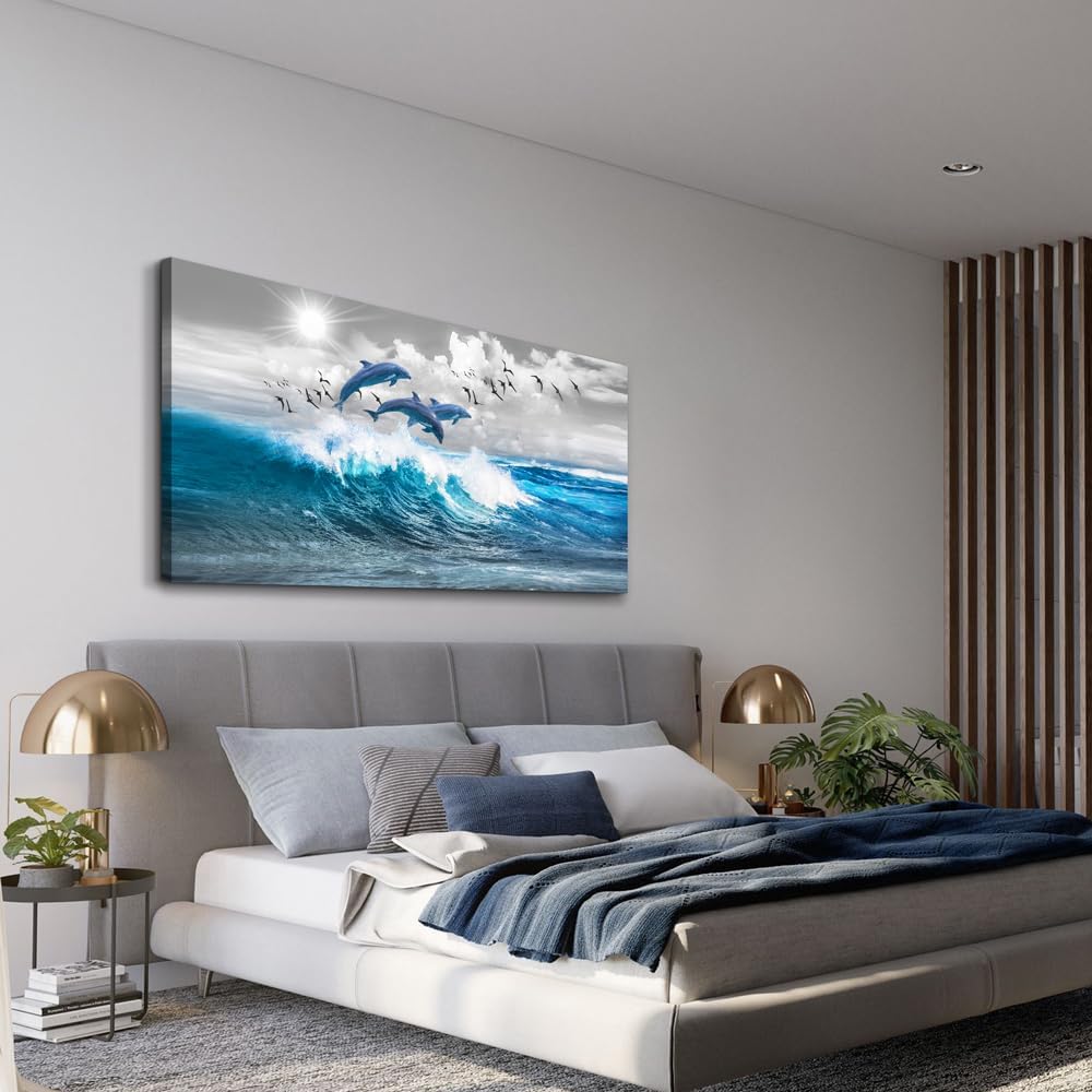 Wapluam Large Size Canvas Art - Blue Waves Of The Sea Wall Art For Living Room & Bedroom - Modern Office Decoration