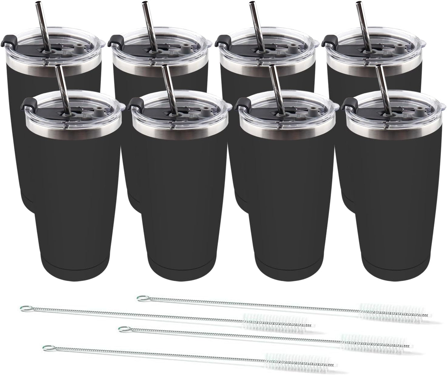 Amtidy 8 Pack 20oz Stainless Steel Tumbler with Lid, Powder Coated Vacuum Insulated Tumbler Cup, With straw and cleaning brushDouble Wall Coffee Tumbler, Powder Coated Travel Mug