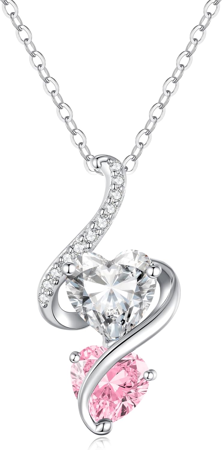 LOUISA SECRET Unique Double Heart Necklace Gifts for Wife Women, 925 Sterling Silver Tiny Birthstone Pendant Jewelry Gift for Her Girlfriend Mom Valentine's Day Anniversary Mother's Day Birthdays & Christmas