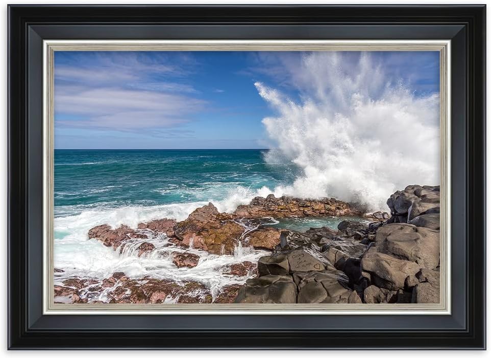 IPIC - Waves Crashing at Queen's Bath Personalized Framed Wall Art with Names and Date on, Giclee Prints with Solid Wood Frame, Customized Gift and Memorial Gifts for Wedding Anniversary.